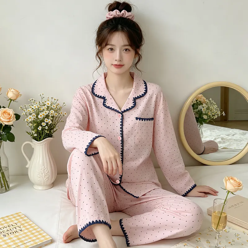 Yuanxing 5818 Cloud Cotton Shell INS Style Korean Version Simple Pink Polka Dot Skin-Friendly Loungewear Set · Wholesale · OEM · Worldwide Shipping - View 3