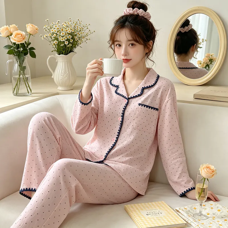 Yuanxing 5818 Cloud Cotton Shell INS Style Korean Version Simple Pink Polka Dot Skin-Friendly Loungewear Set · Wholesale · OEM · Worldwide Shipping - View 1