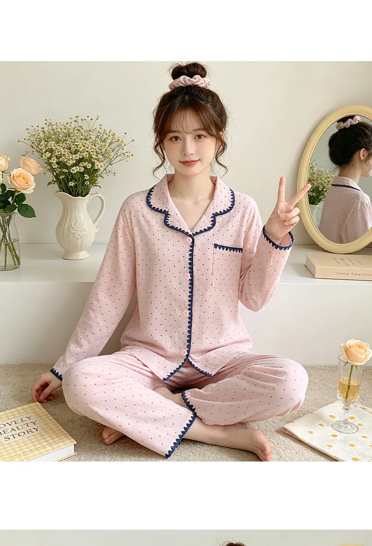 Yuanxing 5818 Cloud Cotton Shell INS Style Korean Version Simple Pink Polka Dot Skin-Friendly Loungewear Set · Wholesale · OEM · Worldwide Shipping - Detail 6