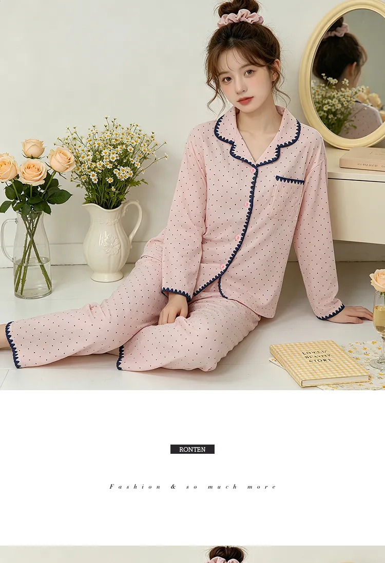 Yuanxing 5818 Cloud Cotton Shell INS Style Korean Version Simple Pink Polka Dot Skin-Friendly Loungewear Set · Wholesale · OEM · Worldwide Shipping - Detail 7