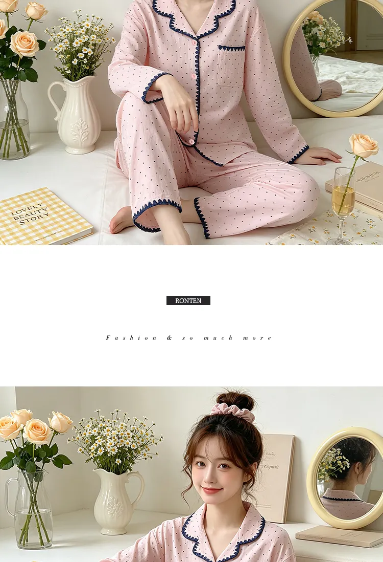 Yuanxing 5818 Cloud Cotton Shell INS Style Korean Version Simple Pink Polka Dot Skin-Friendly Loungewear Set · Wholesale · OEM · Worldwide Shipping - Detail 9