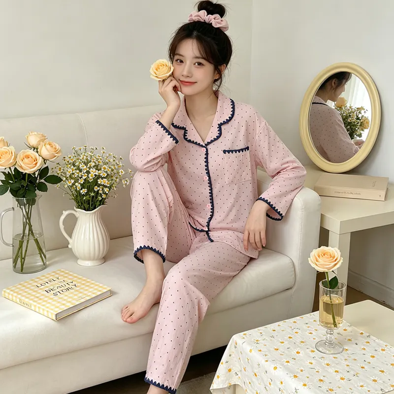 Yuanxing 5818 Cloud Cotton Shell INS Style Korean Version Simple Pink Polka Dot Skin-Friendly Loungewear Set · Wholesale · OEM · Worldwide Shipping - View 2