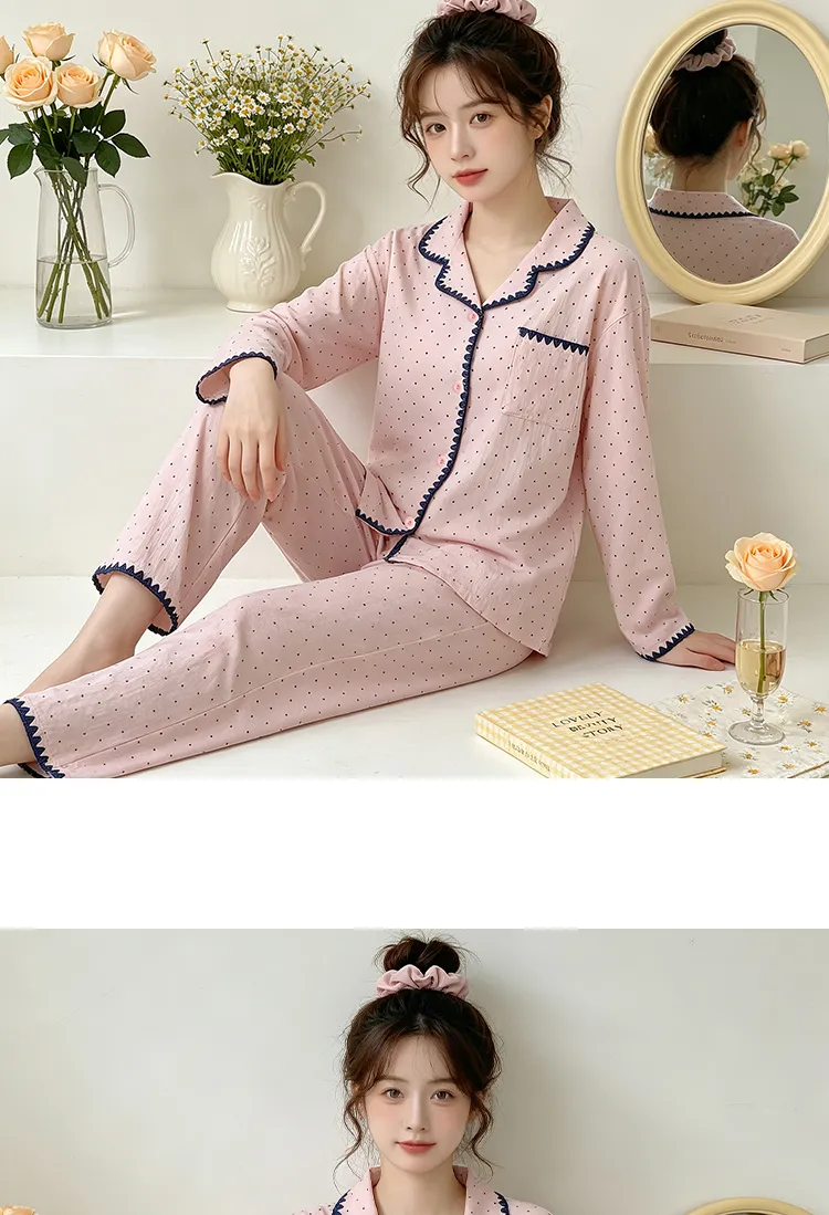 Yuanxing 5818 Cloud Cotton Shell INS Style Korean Version Simple Pink Polka Dot Skin-Friendly Loungewear Set · Wholesale · OEM · Worldwide Shipping - Detail 8
