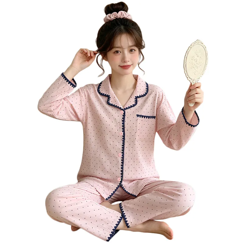 Yuanxing 5818 Cloud Cotton Shell INS Style Korean Version Simple Pink Polka Dot Skin-Friendly Loungewear Set · Wholesale · OEM · Worldwide Shipping - View 4