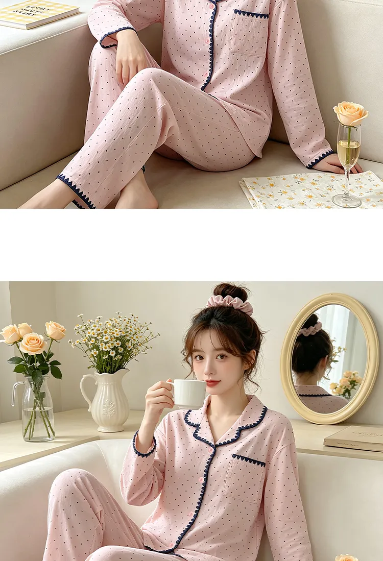 Yuanxing 5818 Cloud Cotton Shell INS Style Korean Version Simple Pink Polka Dot Skin-Friendly Loungewear Set · Wholesale · OEM · Worldwide Shipping - Detail 10