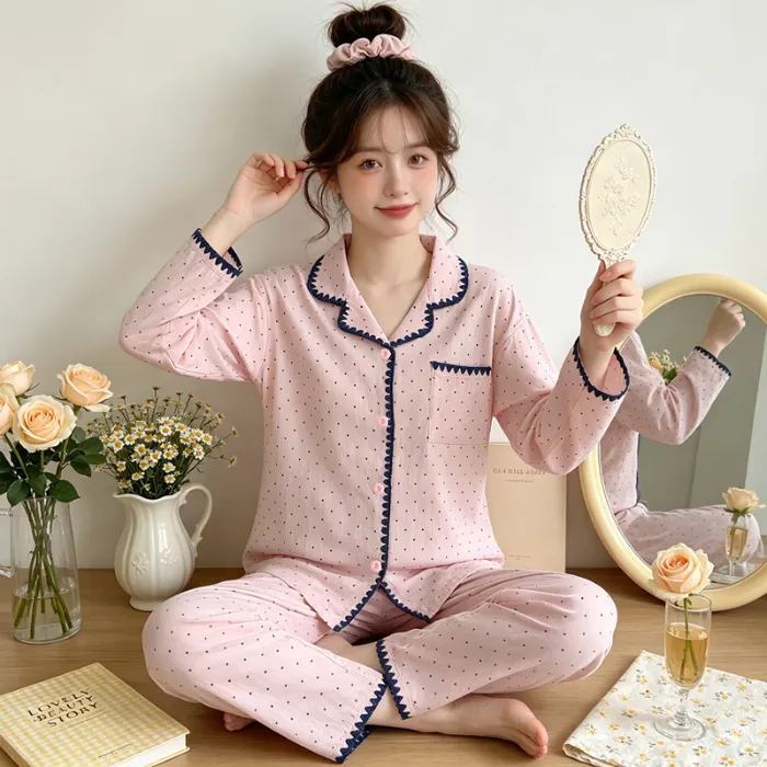 Yuanxing 5818 Cloud Cotton Shell INS Style Korean Version Simple Pink Polka Dot Skin-Friendly Loungewear Set · Wholesale · OEM · Worldwide Shipping - Detail 1