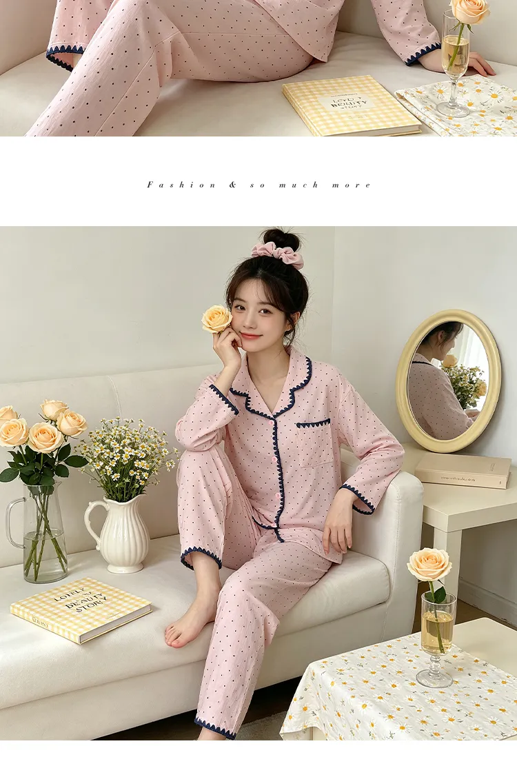 Yuanxing 5818 Cloud Cotton Shell INS Style Korean Version Simple Pink Polka Dot Skin-Friendly Loungewear Set · Wholesale · OEM · Worldwide Shipping - Detail 11