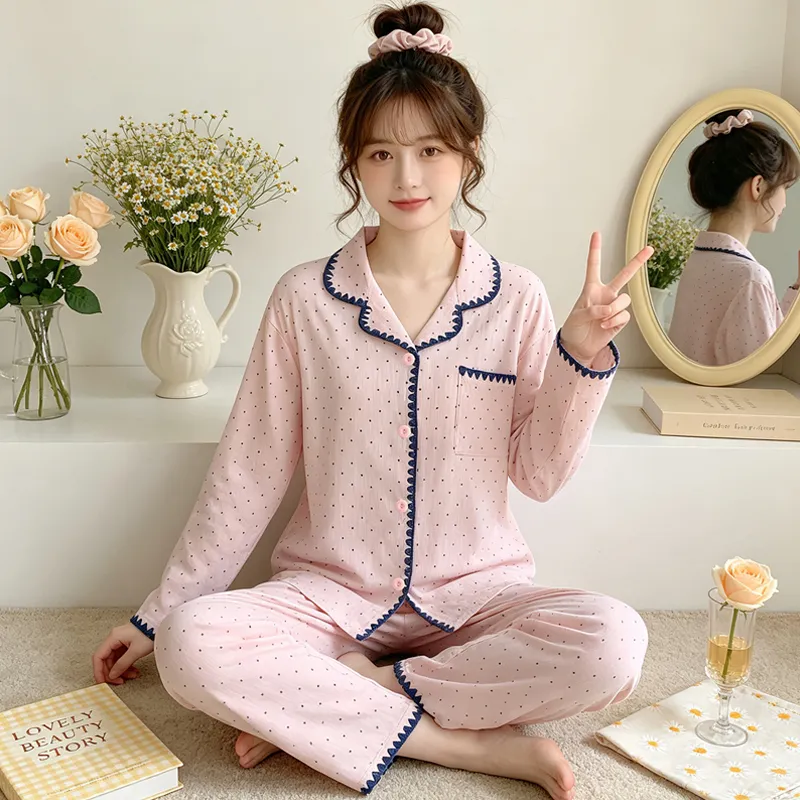 Yuanxing 5818 Cloud Cotton Shell INS Style Korean Version Simple Pink Polka Dot Skin-Friendly Loungewear Set · Wholesale · OEM · Worldwide Shipping