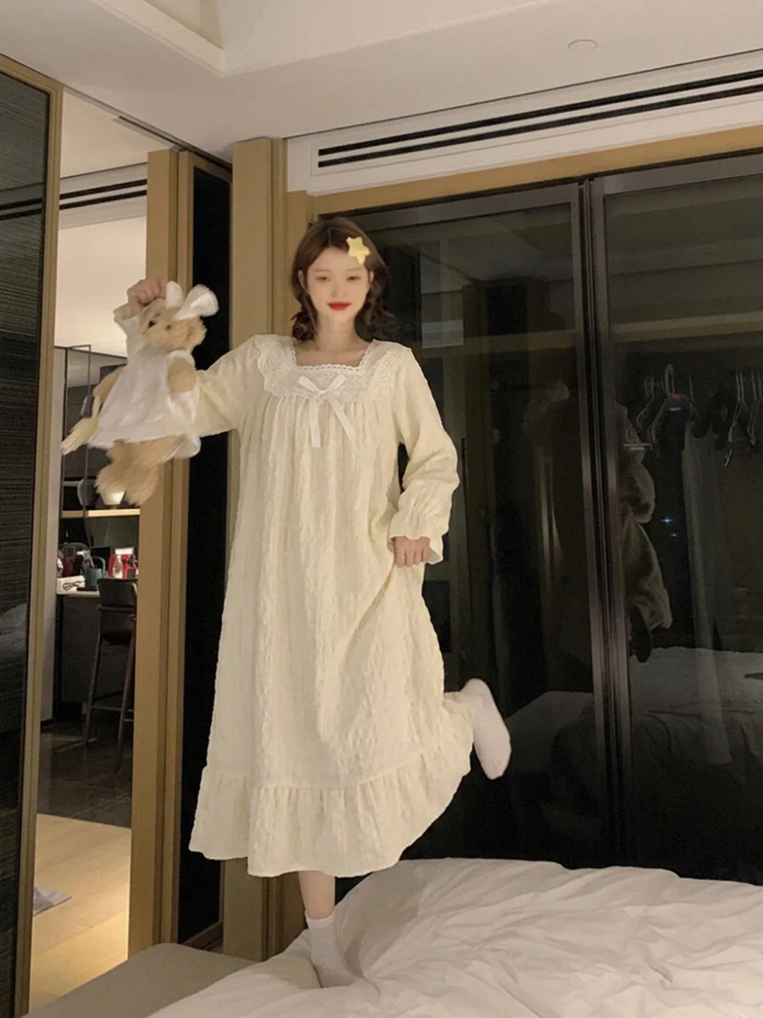 Bow Pleated Lace Long Sleeve Solid Color Nightdress Women, Spring Autumn Pullover Square Neck Mid-Length Wearable Outside Loungewear Dress · Wholesale · OEM · Worldwide Shipping - Detail 3