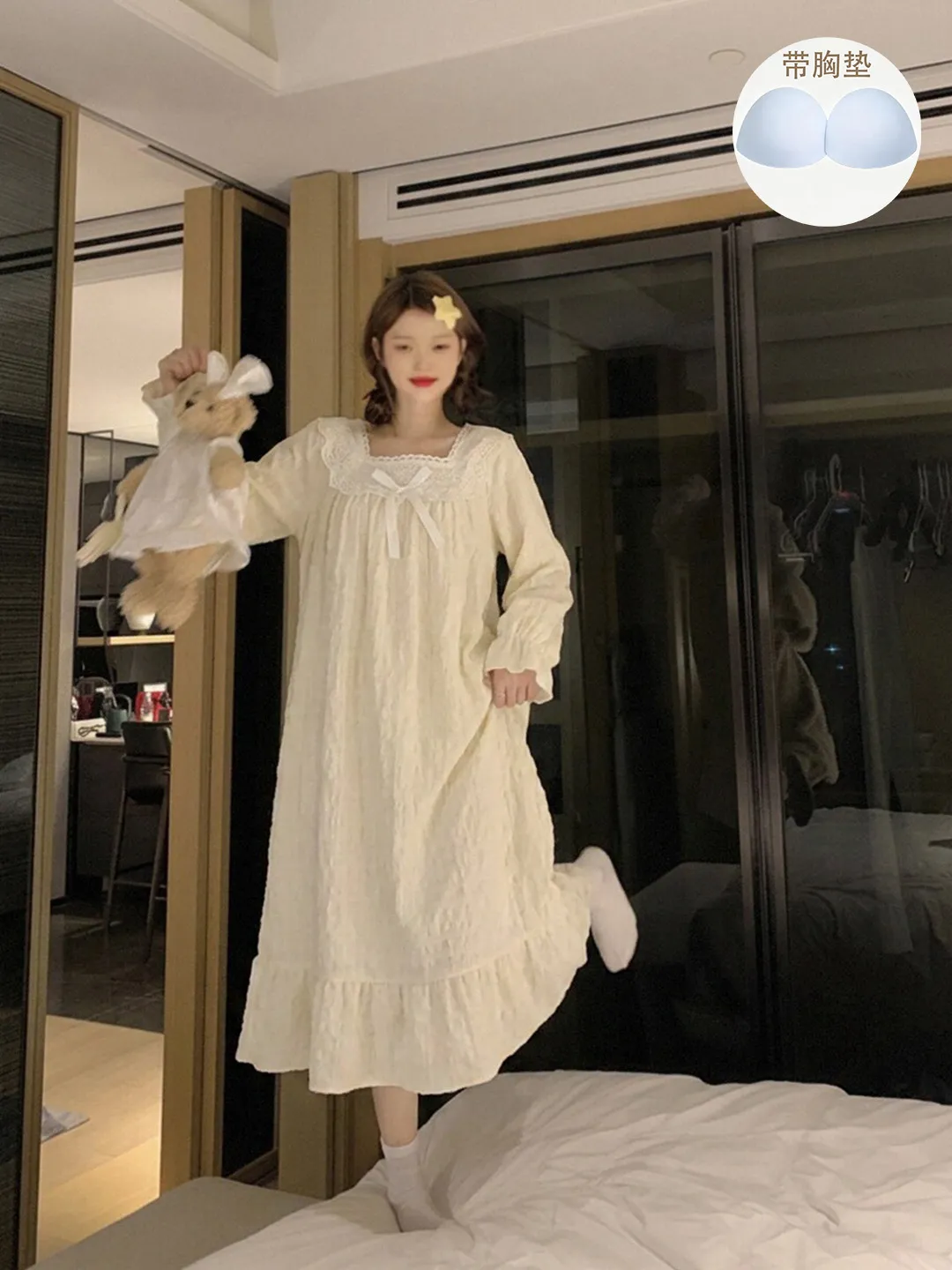 Bow Pleated Lace Long Sleeve Solid Color Nightdress Women, Spring Autumn Pullover Square Neck Mid-Length Wearable Outside Loungewear Dress · Wholesale · OEM · Worldwide Shipping - View 2