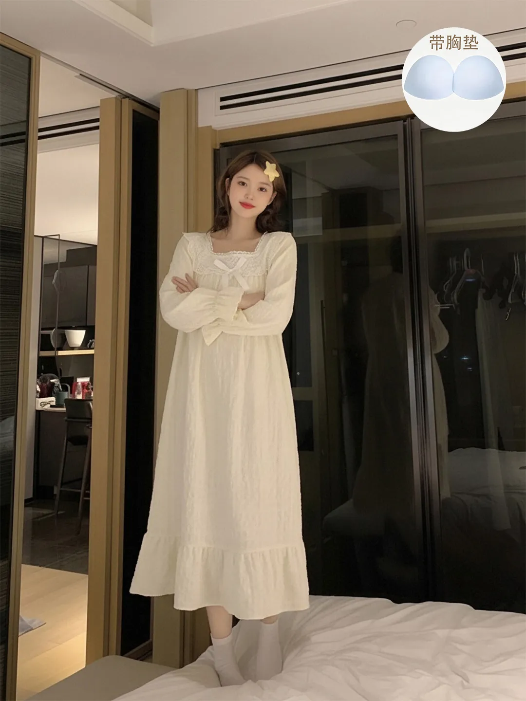 Chemise de nuit femme nœud plissé dentelle manches longues uni, printemps-automne, col carré pull, vêtement d'intérieur mi-long portable · Grossiste · OEM · Mondial