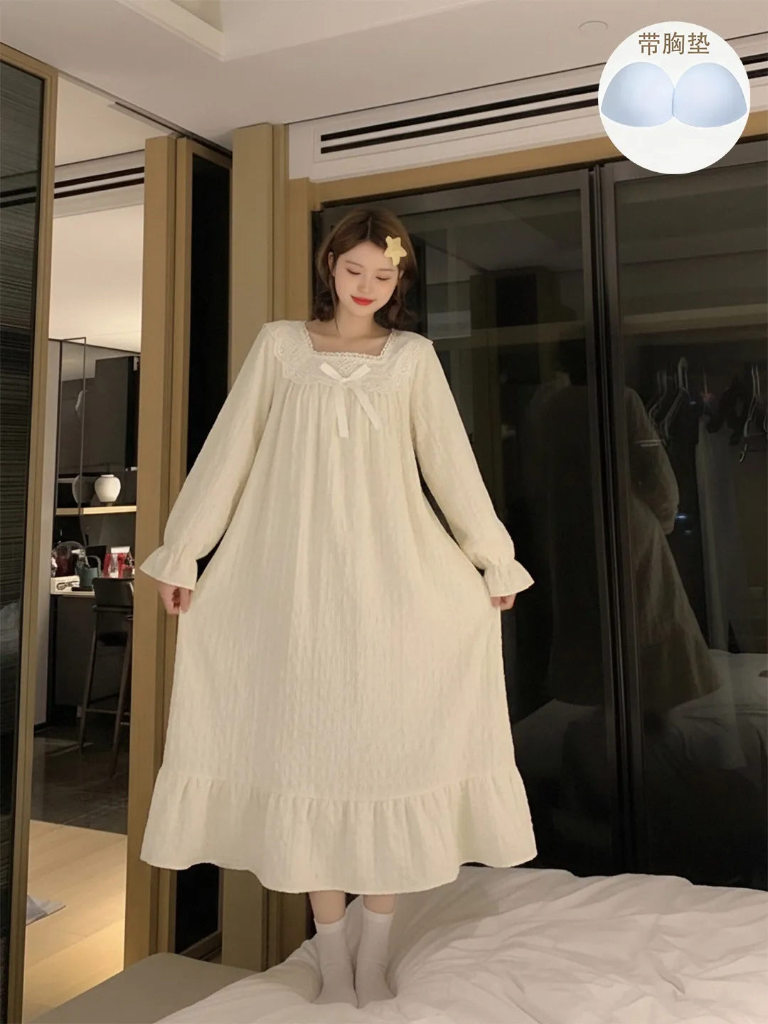 Bow Pleated Lace Long Sleeve Solid Color Nightdress Women, Spring Autumn Pullover Square Neck Mid-Length Wearable Outside Loungewear Dress · Wholesale · OEM · Worldwide Shipping - View 4