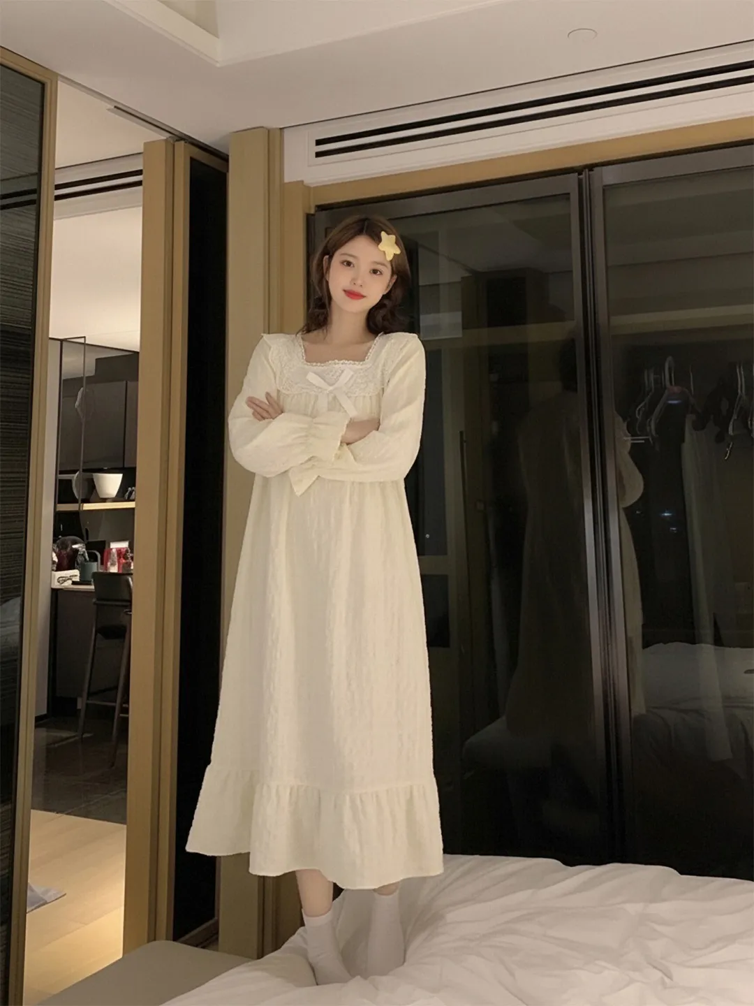 Bow Pleated Lace Long Sleeve Solid Color Nightdress Women, Spring Autumn Pullover Square Neck Mid-Length Wearable Outside Loungewear Dress · Wholesale · OEM · Worldwide Shipping - Detail 1