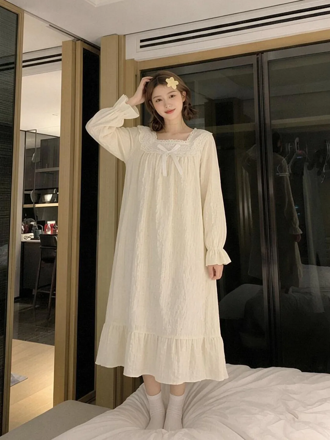 Bow Pleated Lace Long Sleeve Solid Color Nightdress Women, Spring Autumn Pullover Square Neck Mid-Length Wearable Outside Loungewear Dress · Wholesale · OEM · Worldwide Shipping - Detail 4