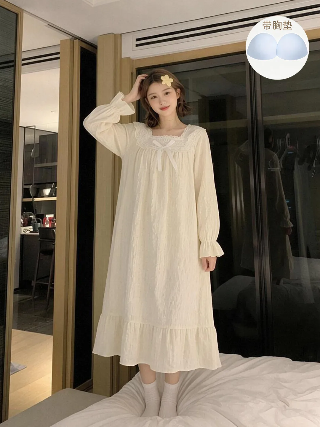 Bow Pleated Lace Long Sleeve Solid Color Nightdress Women, Spring Autumn Pullover Square Neck Mid-Length Wearable Outside Loungewear Dress · Wholesale · OEM · Worldwide Shipping - View 3