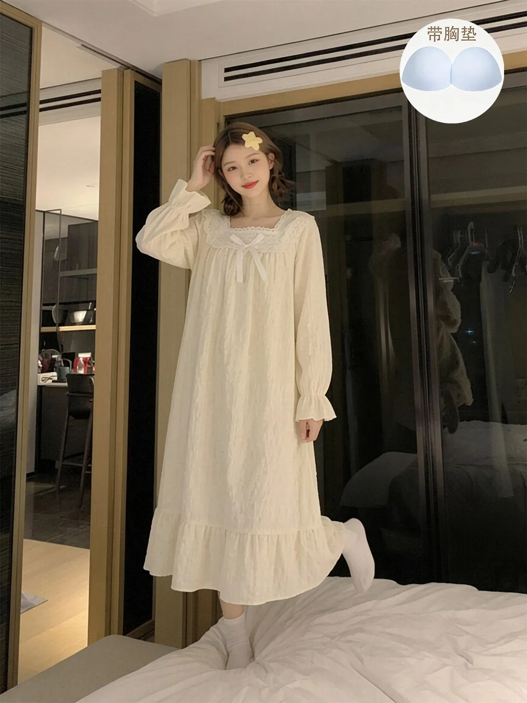 Bow Pleated Lace Long Sleeve Solid Color Nightdress Women, Spring Autumn Pullover Square Neck Mid-Length Wearable Outside Loungewear Dress · Wholesale · OEM · Worldwide Shipping - View 1
