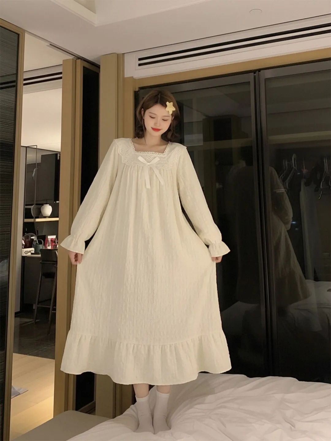 Bow Pleated Lace Long Sleeve Solid Color Nightdress Women, Spring Autumn Pullover Square Neck Mid-Length Wearable Outside Loungewear Dress · Wholesale · OEM · Worldwide Shipping - Detail 5