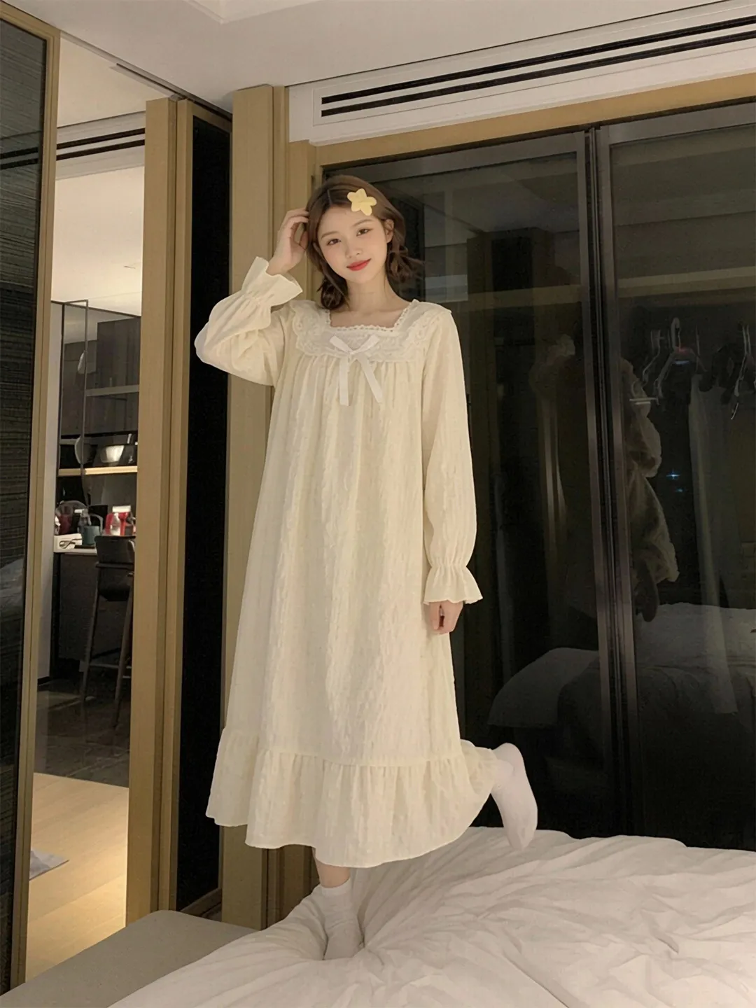 Bow Pleated Lace Long Sleeve Solid Color Nightdress Women, Spring Autumn Pullover Square Neck Mid-Length Wearable Outside Loungewear Dress · Wholesale · OEM · Worldwide Shipping - Detail 2