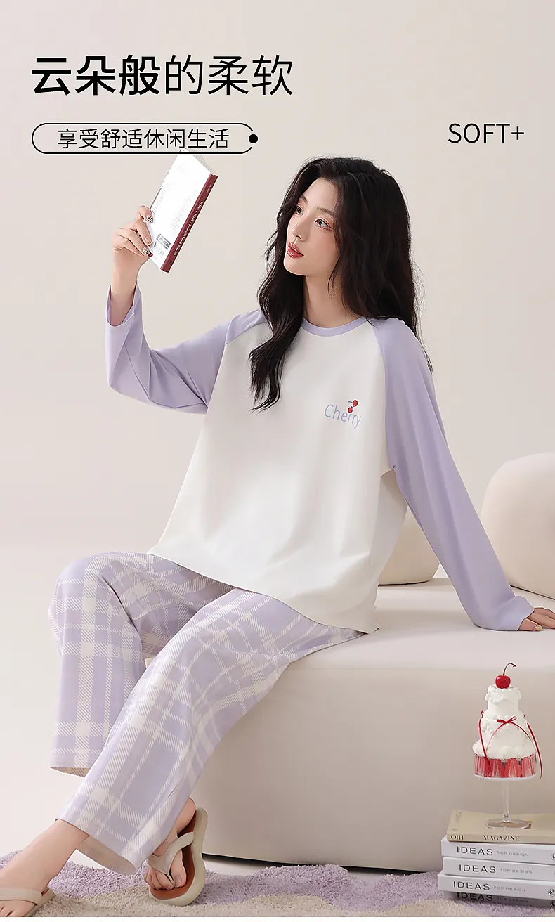 Women's Autumn Best-Seller 100% Cotton Round Neck Pajama Pants Long Sleeve Skin-Friendly Soft Comfortable Loungewear Wearable Outside · Wholesale · OEM · Worldwide Shipping - Detail 2
