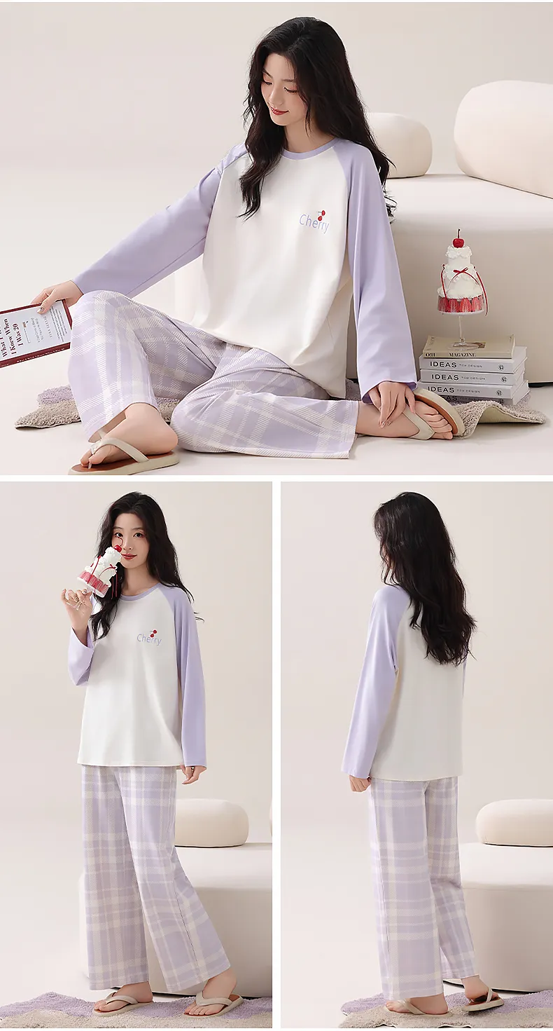 Women's Autumn Best-Seller 100% Cotton Round Neck Pajama Pants Long Sleeve Skin-Friendly Soft Comfortable Loungewear Wearable Outside · Wholesale · OEM · Worldwide Shipping - Detail 13