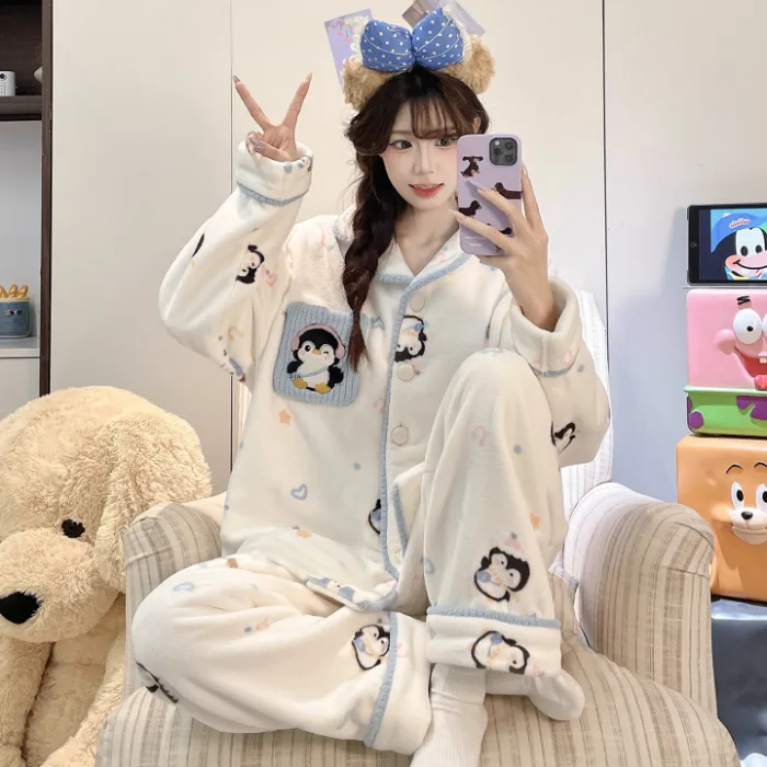가을겨울 신상 파자마 여성 플란넬 290g 카디건 칼라 두꺼운 만화 홈웨어 세트 외출 가능 · 도매 · OEM · 전 세계 배송 - Detail 9