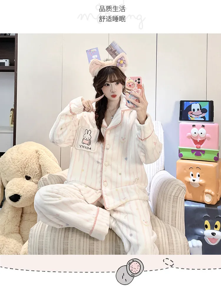 가을겨울 신상 파자마 여성 플란넬 290g 카디건 칼라 두꺼운 만화 홈웨어 세트 외출 가능 · 도매 · OEM · 전 세계 배송 - Detail 20