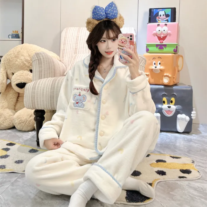 가을겨울 신상 파자마 여성 플란넬 290g 카디건 칼라 두꺼운 만화 홈웨어 세트 외출 가능 · 도매 · OEM · 전 세계 배송 - Detail 7