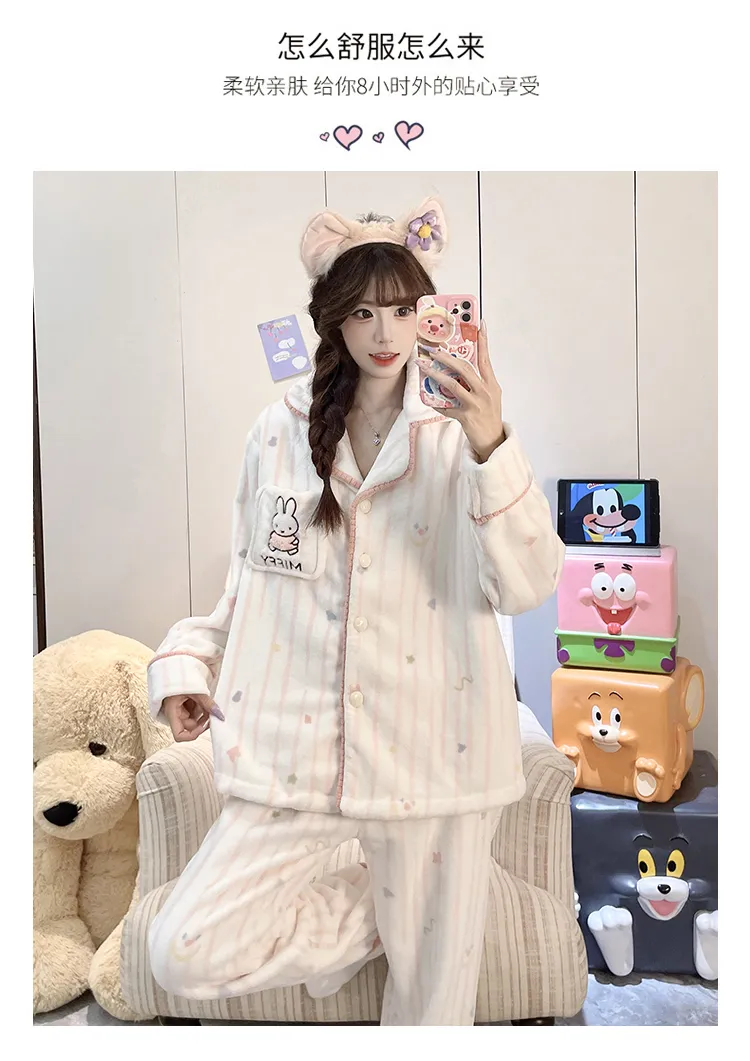 가을겨울 신상 파자마 여성 플란넬 290g 카디건 칼라 두꺼운 만화 홈웨어 세트 외출 가능 · 도매 · OEM · 전 세계 배송 - Detail 14