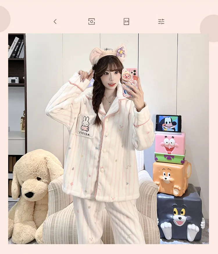 가을겨울 신상 파자마 여성 플란넬 290g 카디건 칼라 두꺼운 만화 홈웨어 세트 외출 가능 · 도매 · OEM · 전 세계 배송 - Detail 18