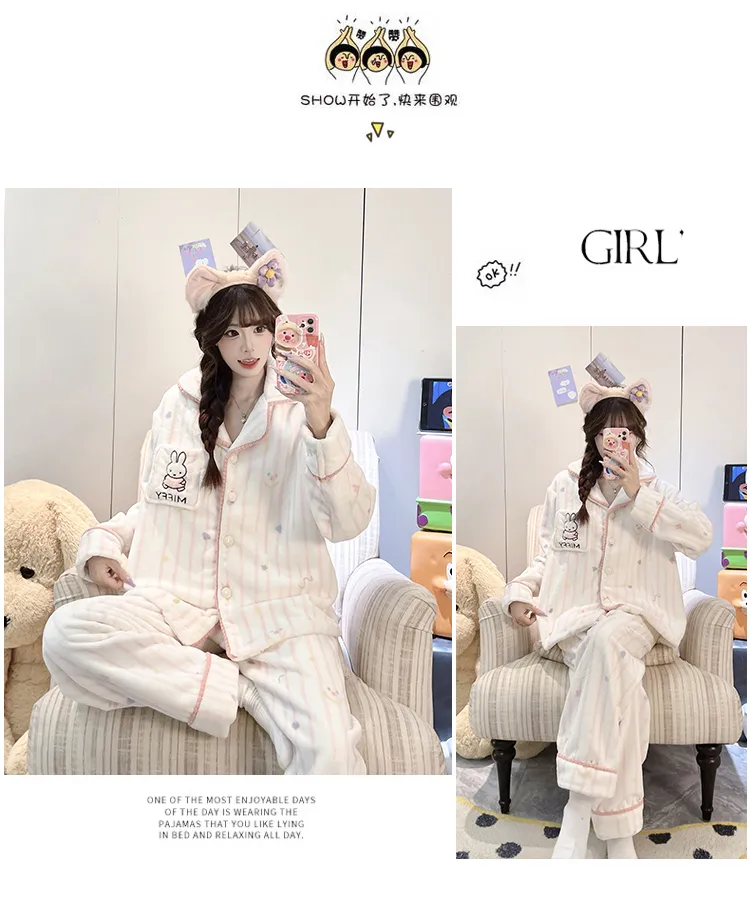 가을겨울 신상 파자마 여성 플란넬 290g 카디건 칼라 두꺼운 만화 홈웨어 세트 외출 가능 · 도매 · OEM · 전 세계 배송 - Detail 17