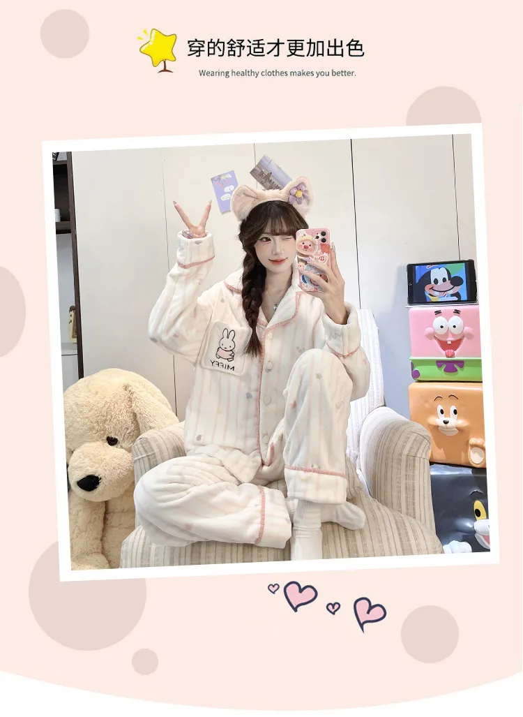 가을겨울 신상 파자마 여성 플란넬 290g 카디건 칼라 두꺼운 만화 홈웨어 세트 외출 가능 · 도매 · OEM · 전 세계 배송 - Detail 19