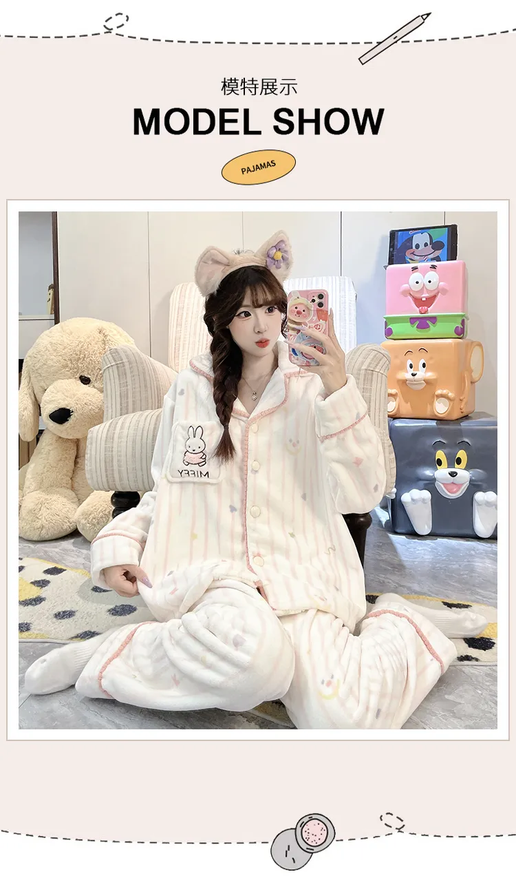 가을겨울 신상 파자마 여성 플란넬 290g 카디건 칼라 두꺼운 만화 홈웨어 세트 외출 가능 · 도매 · OEM · 전 세계 배송 - Detail 16