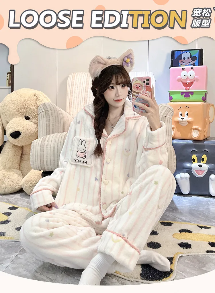 가을겨울 신상 파자마 여성 플란넬 290g 카디건 칼라 두꺼운 만화 홈웨어 세트 외출 가능 · 도매 · OEM · 전 세계 배송 - Detail 10