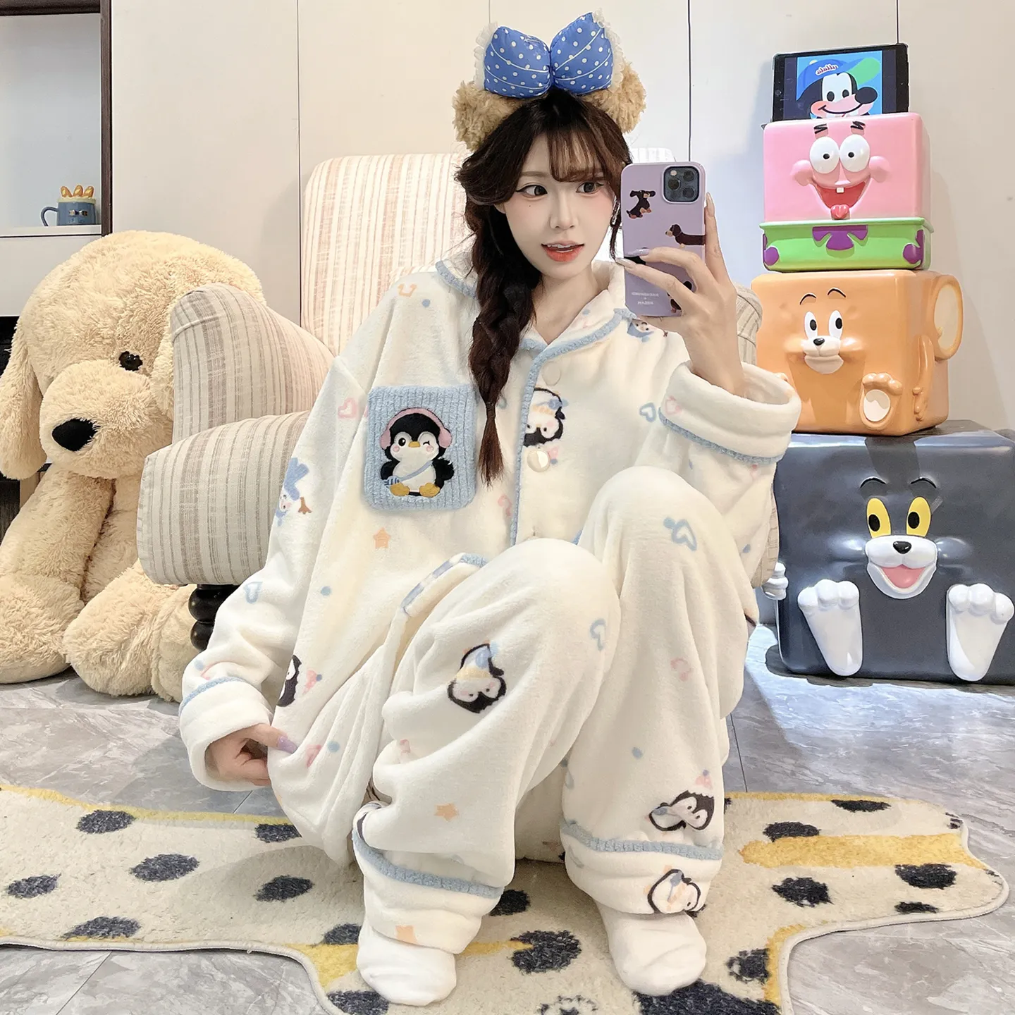 2026 가을겨울 신상 잠옷 소녀 플란넬 290g 카디건 칼라 두꺼운 만화 홈웨어 세트 · 도매 · OEM · 전 세계 배송 - Detail 18