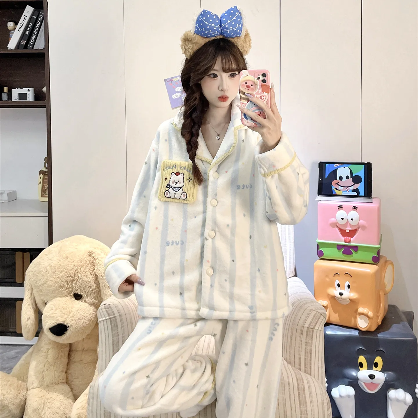 2026 가을겨울 신상 잠옷 소녀 플란넬 290g 카디건 칼라 두꺼운 만화 홈웨어 세트 · 도매 · OEM · 전 세계 배송 - Detail 17