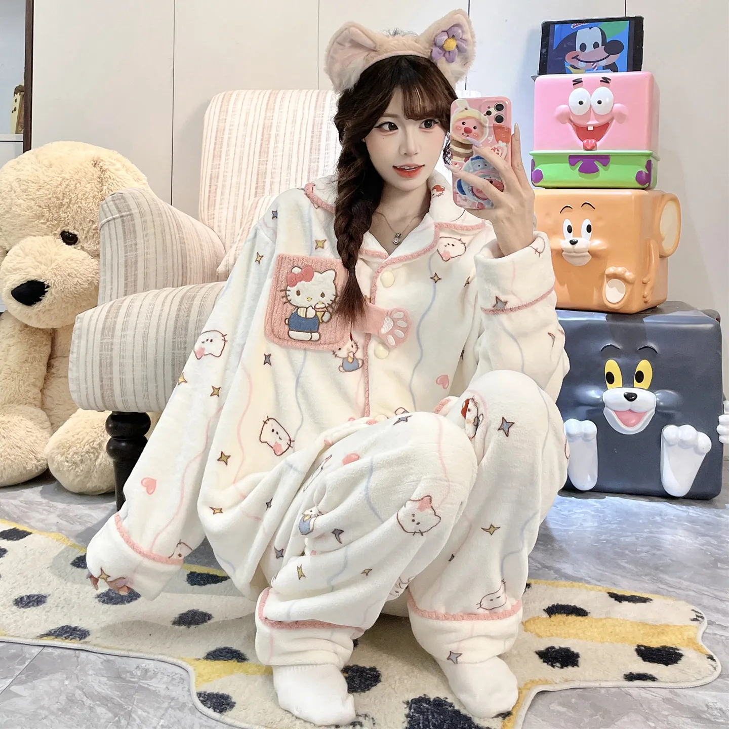 2026 가을겨울 신상 잠옷 소녀 플란넬 290g 카디건 칼라 두꺼운 만화 홈웨어 세트 · 도매 · OEM · 전 세계 배송 - Detail 10