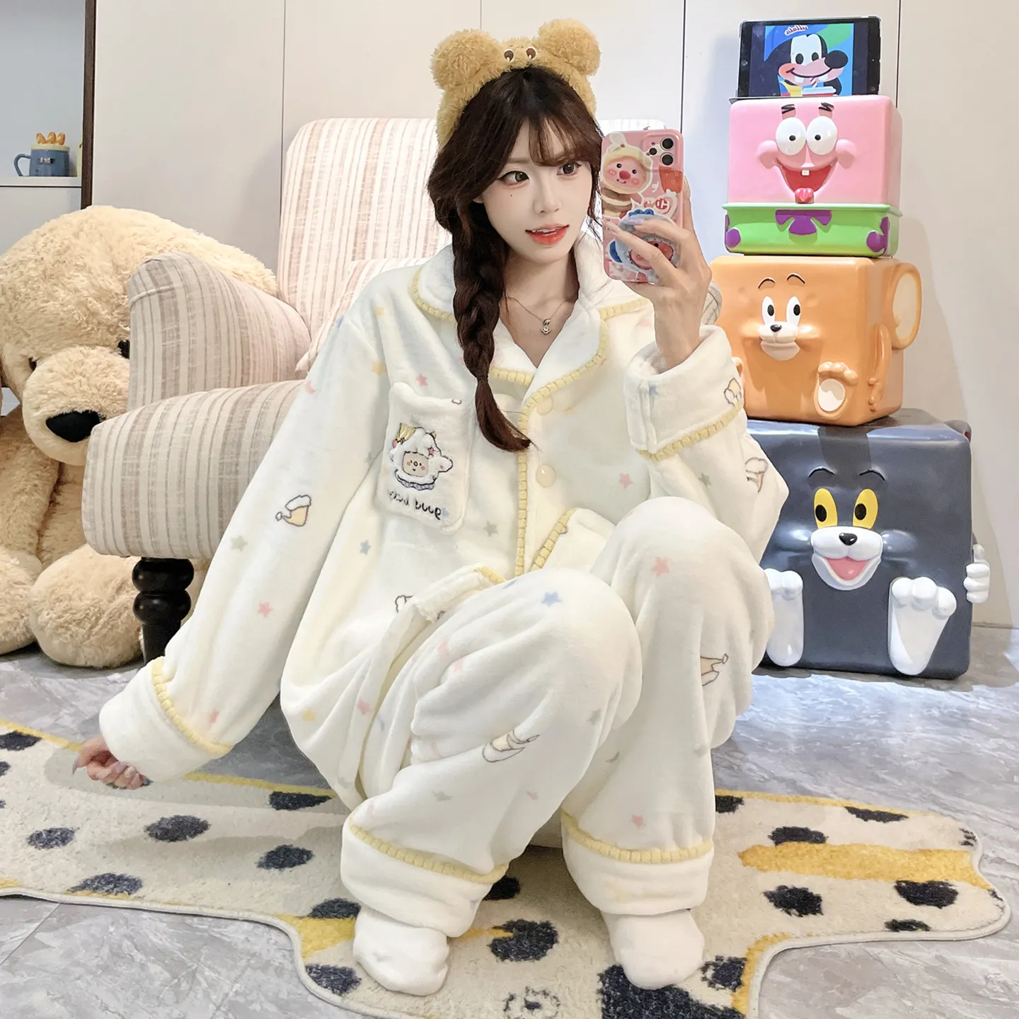 2026 가을겨울 신상 잠옷 소녀 플란넬 290g 카디건 칼라 두꺼운 만화 홈웨어 세트 · 도매 · OEM · 전 세계 배송 - Detail 12