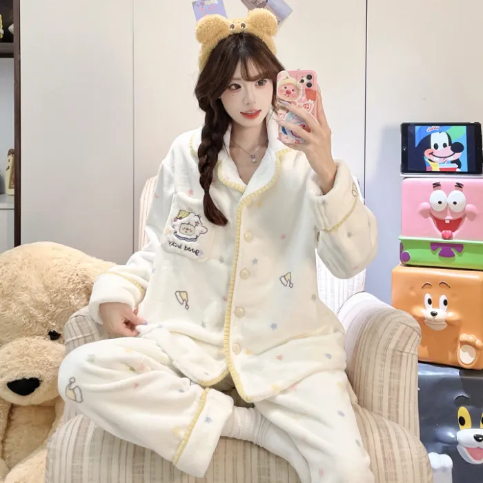 2026 가을겨울 신상 잠옷 소녀 플란넬 290g 카디건 칼라 두꺼운 만화 홈웨어 세트 · 도매 · OEM · 전 세계 배송 - Detail 3