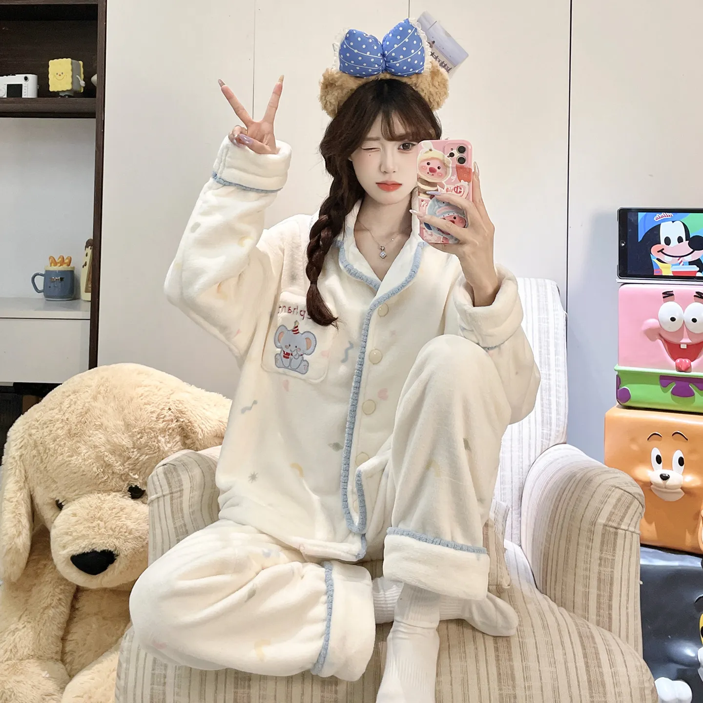 2026 가을겨울 신상 잠옷 소녀 플란넬 290g 카디건 칼라 두꺼운 만화 홈웨어 세트 · 도매 · OEM · 전 세계 배송 - Detail 16