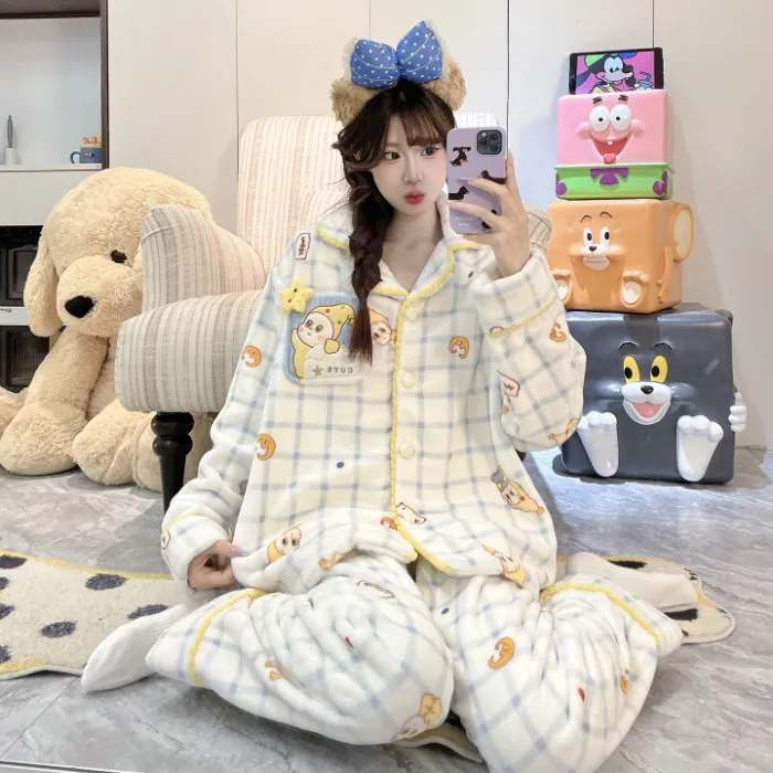 2026 가을겨울 신상 잠옷 소녀 플란넬 290g 카디건 칼라 두꺼운 만화 홈웨어 세트 · 도매 · OEM · 전 세계 배송 - Detail 4