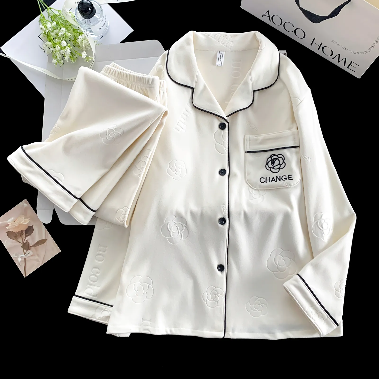 Fashion Embossed Embroidery Double-Sided German Velvet Women's Home Wear Soft Long Sleeve Pants Simple 2-Piece Set · Wholesale · OEM · Worldwide Shipping - View 2