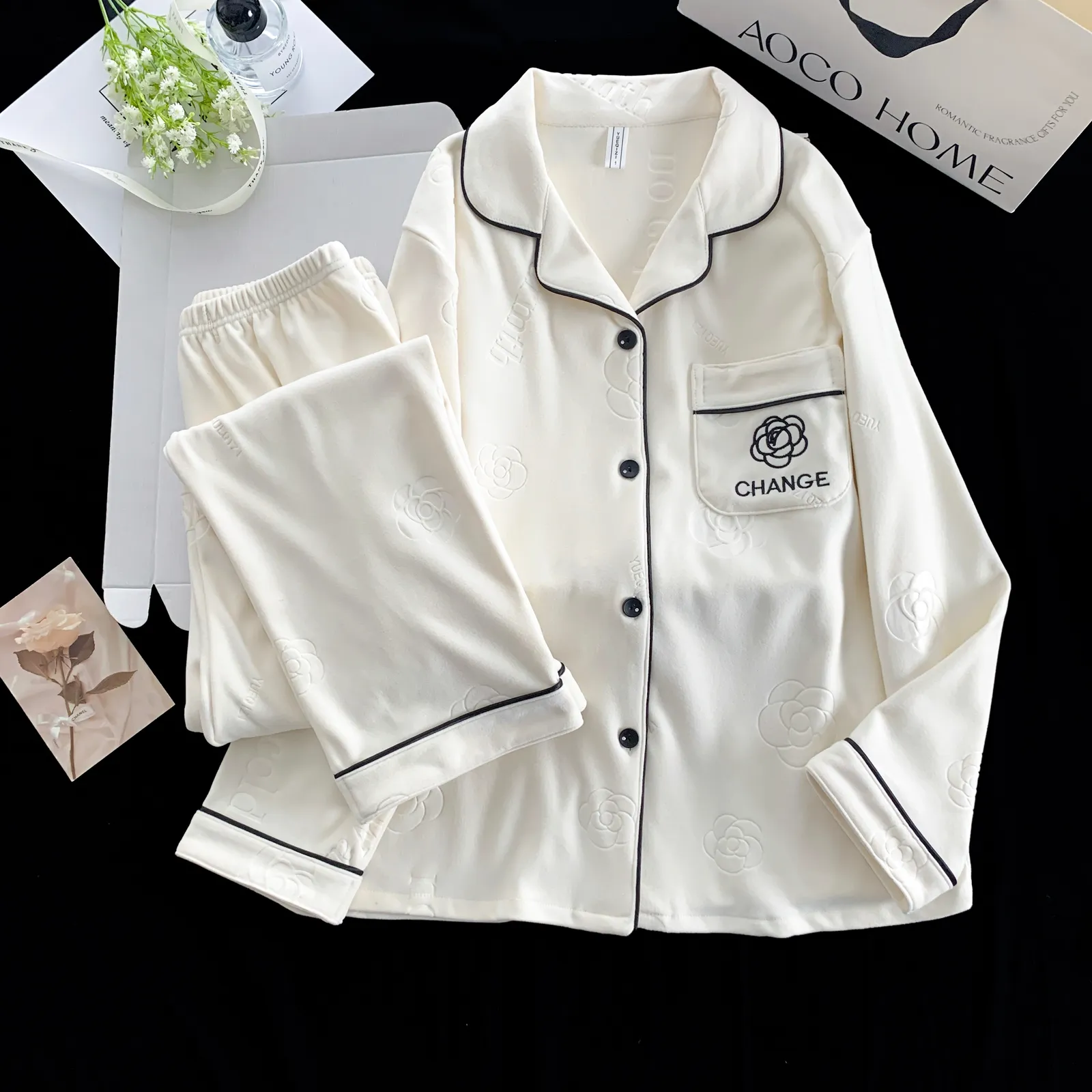 Fashion Embossed Embroidery Double-Sided German Velvet Women's Home Wear Soft Long Sleeve Pants Simple 2-Piece Set · Wholesale · OEM · Worldwide Shipping - View 1