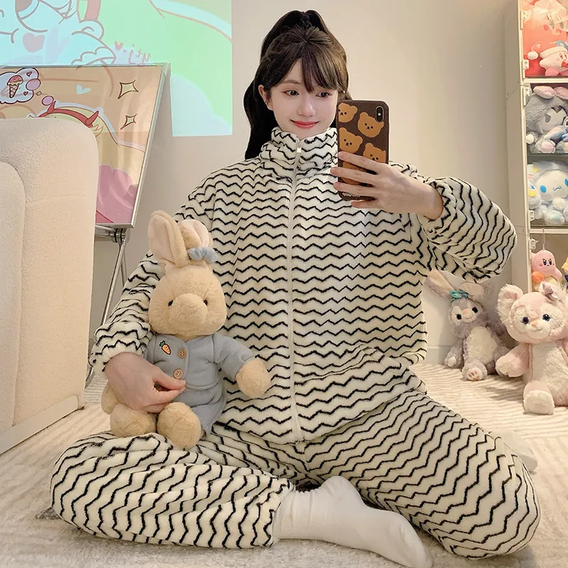 Women's Winter Flannel Zip-Up Hooded Cardigan Pajama Set, Loose Plus Size Fits Up to 110kg, Loungewear M-5XL · Wholesale · OEM · Worldwide Shipping