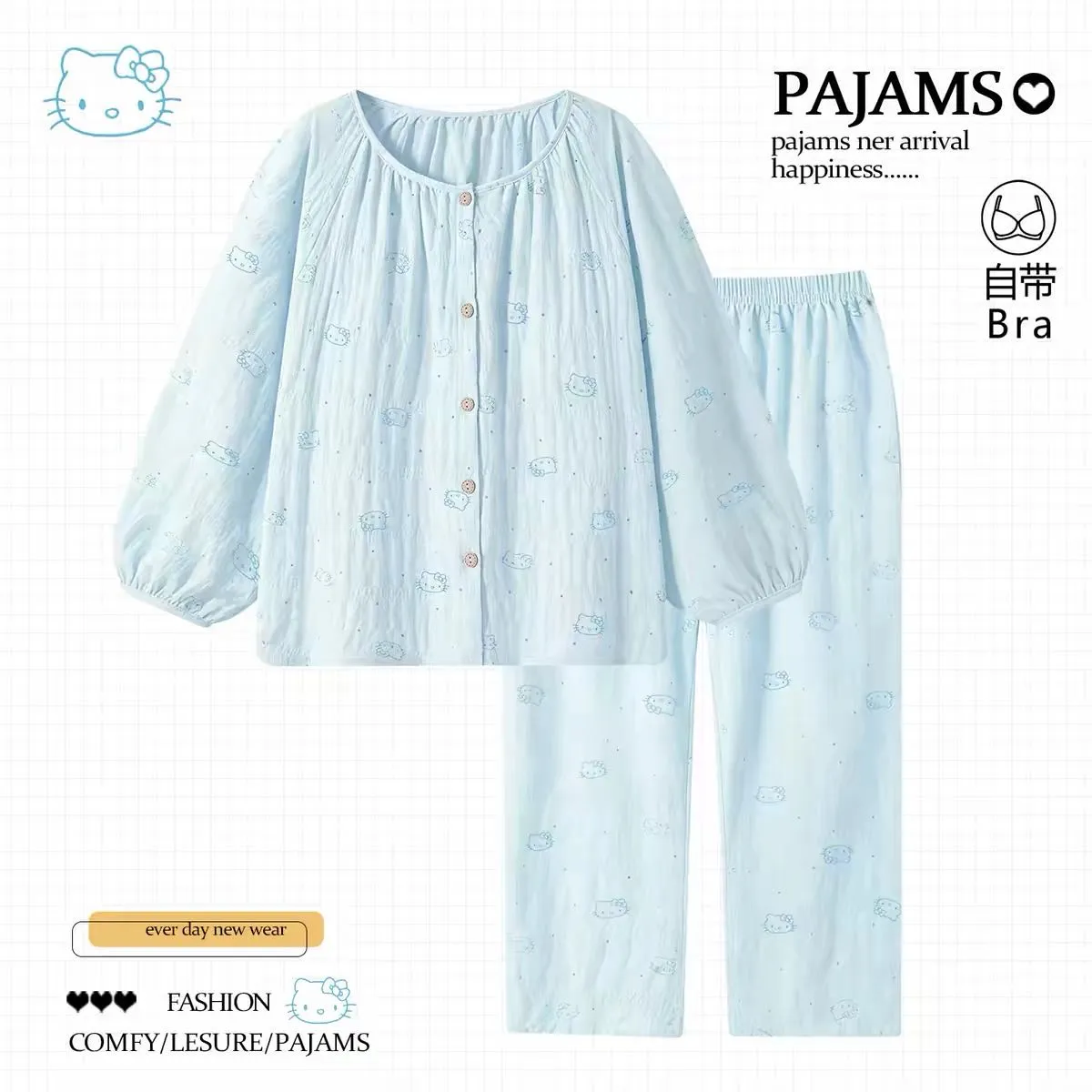 Plaid Pajamas with Chest Pads for Women, Spring and Autumn Cardigan, Double-Length, Cartoon, Wearable Outside, Loungewear · Wholesale · OEM · Worldwide Shipping - Detail 2