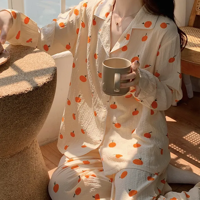 Весна-осень, женская пижама из пузырькового хлопка, тонкая креповая, мультяшный принт, свободная, милая, домашний комплект · Опт · OEM · Доставка по миру - Detail 5