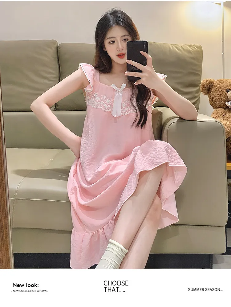 Cloud Cotton Pajamas Women Summer Sweet Camisole Nightdress Lace with Fixed Chest Pads Mid-Length Nightdress Student Loungewear · Wholesale · OEM · Worldwide Shipping - Detail 17