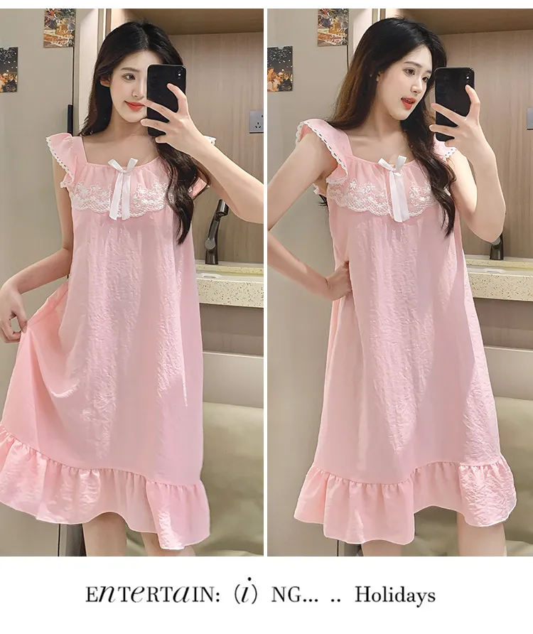 Cloud Cotton Pajamas Women Summer Sweet Camisole Nightdress Lace with Fixed Chest Pads Mid-Length Nightdress Student Loungewear · Wholesale · OEM · Worldwide Shipping - Detail 18