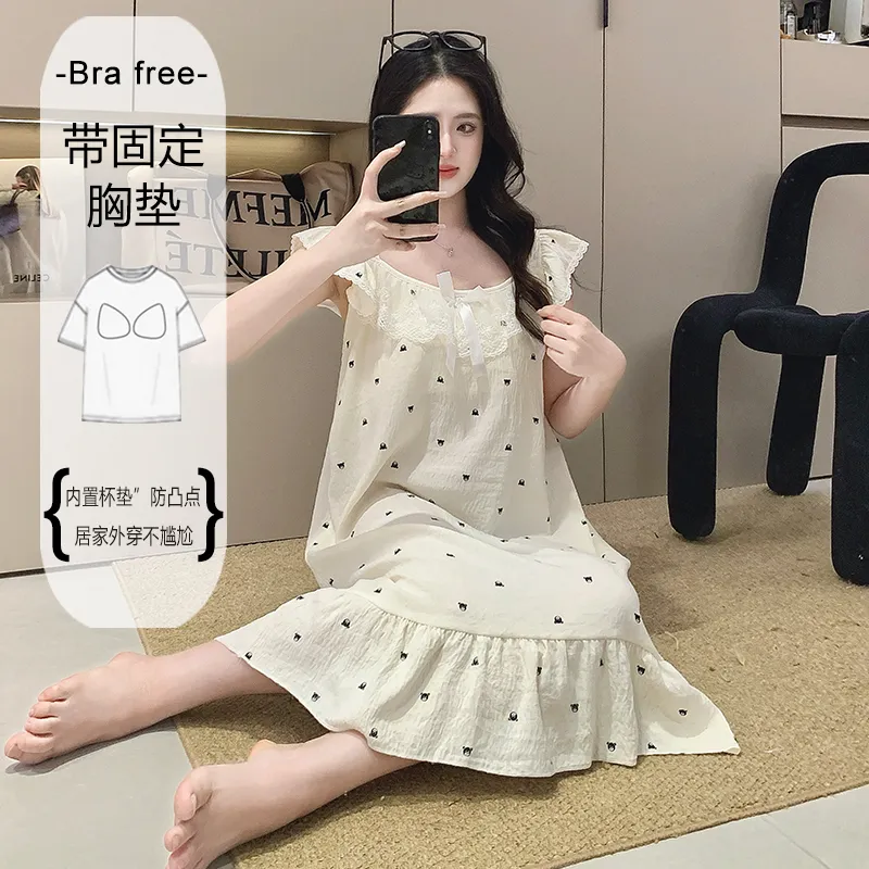 Cloud Cotton Pajamas Women Summer Sweet Camisole Nightdress Lace with Fixed Chest Pads Mid-Length Nightdress Student Loungewear · Wholesale · OEM · Worldwide Shipping - View 1