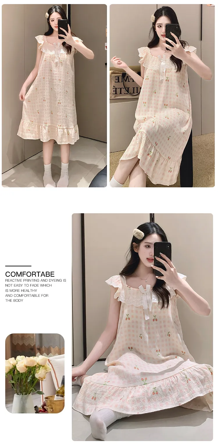 Cloud Cotton Pajamas Women Summer Sweet Camisole Nightdress Lace with Fixed Chest Pads Mid-Length Nightdress Student Loungewear · Wholesale · OEM · Worldwide Shipping - Detail 15
