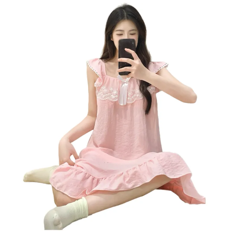 Cloud Cotton Pajamas Women Summer Sweet Camisole Nightdress Lace with Fixed Chest Pads Mid-Length Nightdress Student Loungewear · Wholesale · OEM · Worldwide Shipping - View 4